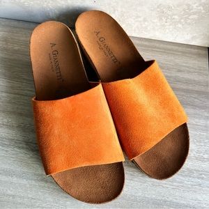 A. Giannetti Orange Leather Low Wedge Sandals Women Size 8 Women Orange slides